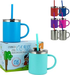 Stainless Steel Kids Mugs BPA Free 10oz Set of 2 with Handle, Lid and Straw - Picture 1 of 12