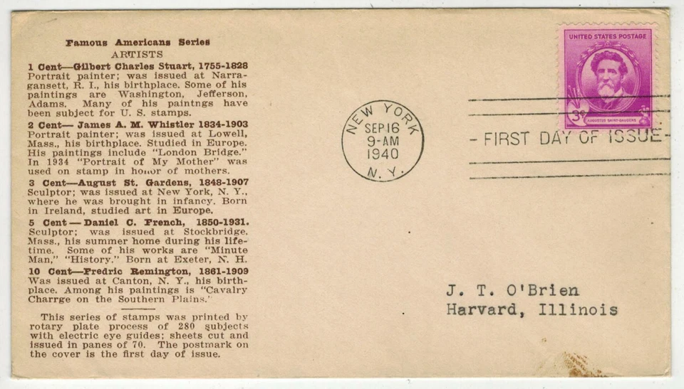 1940 Famous American Artist 886 Rare Unlisted Cachet AUGUSTUS SAINT GAUDENS  - Image 1 of 1