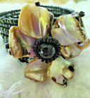 Mother of Pearl & Black Glass beaded expandable cuff bracelet~large pearl flower