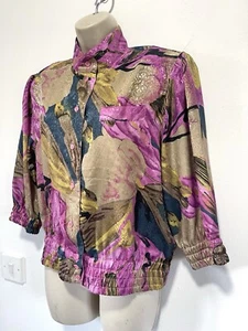 Pink blouse liquid satin long sleeve crew neck floral size 14 - Picture 1 of 8