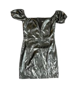 NUDE Revolve Faux Leather PVC Latex Mini Dress Off Shoulder Black Size Medium - Picture 1 of 11