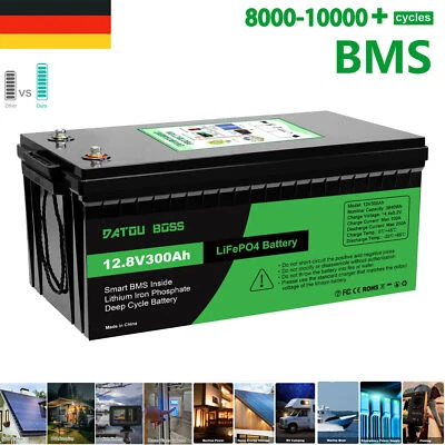 DATOUBOSS Batería de litio LiFePO4 12V 300Ah batería BMS 10000+ ciclos autocaravana para barco RV