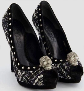 Alexander McQueen Black,White Tweed High Heel Skull Silver Detail SZ EU 38.5 - Picture 1 of 15