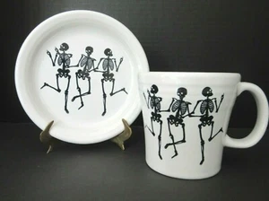 FIESTA HALLOWEEN TRIO of SKELETONS COFFEE MUG and PLATE by HOMER LAUGHLIN ~ New - Picture 1 of 10