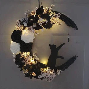 Front Door Cat Wreath Light Up Moon Flower Cat Wall Door Halloween Wreath Decor - Picture 1 of 8