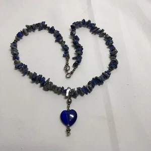 Lapis Stone Chips 16" Collar Necklace Blue Heart Pendant - Handmade - Picture 1 of 10