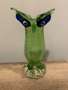 Vintage Murano Glass Owl Vase Light Green Bubbled Body & Royal Blue Eyes Vase - Picture 1 of 7