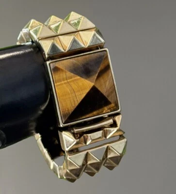 ВИНТАЖНЫЙ ДОМ HARLOW 1960-х позолоченный браслет пирамидальный тон тигровый глаз 8» - Изображение 1 из 4