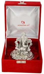 Silver Plated Pagdi Ganesh God Idol Statue Oxidized Finish with Beautiful Velvet - Picture 1 of 2