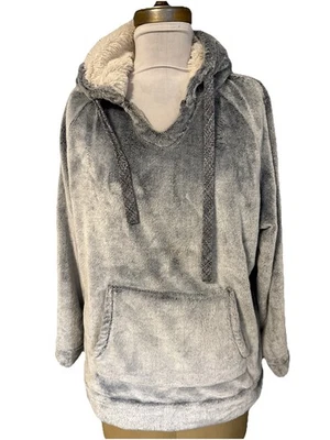 Green Tea L Gray Fuzzy Fleece Hooded Pullover Jacket Kangaroo Pocket Hoodie - Image 1 of 4