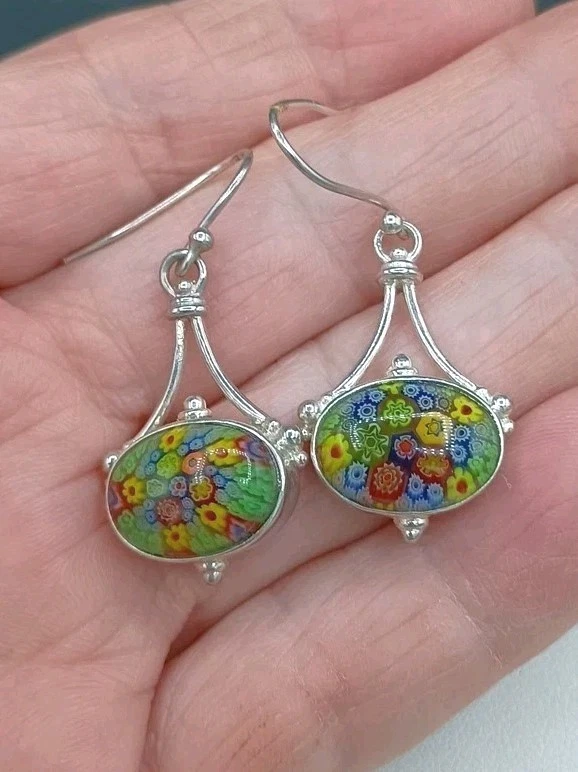Vintage Murano Millefiori Earrings Sterling Silver Italy Venetian Glass Flowers - Image 1 of 4