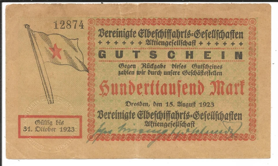 Dresden,Vereinigte Elbeschiffahrts-Gesellschaften,100000 Mark 1923 - Bild 1 von 1