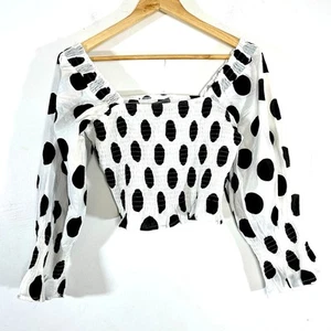 AIDEN Polka Dot Top smocked cropped off shoulder Womans Large NWT - Picture 1 of 10