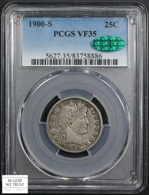 1900 S Barber Silver Quarter 25C PCGS VF 35 CAC - Image 1 of 4