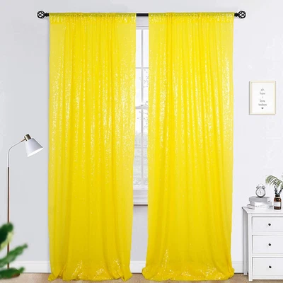 Cortinas de lentejuelas 2 paneles 2 pies x 8 pies cortinas de fondo de lentejuelas amarillas retrovisor brillante Foto 1 de 4