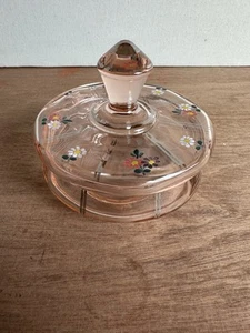 Pretty Pink Depression Glass Sweet Dish/Trinket Handpainted Flowers And Gold - Picture 1 of 12