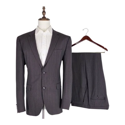 Quiet Luxury Hugo Boss Grand Central Suit Men 44L Wool Charcoal Brown Pinstripe - Image 1 of 4