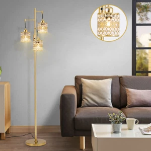 Modern Floor Lamp 3-Heads Round Crystal Pandent Shade Industrial Standing Lights - Picture 1 of 12