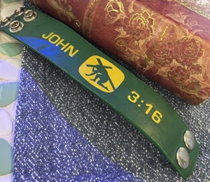 JOHN 3:16 leather wide cuff Green & yellow bracelet ~ 9" length w/ 2 size snaps - Picture 1 of 8