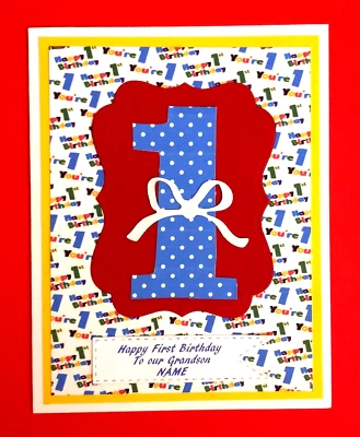Tarjeta de primer cumpleaños de nieto con nombre personalizado y elección de verso interior Foto 1 de 4