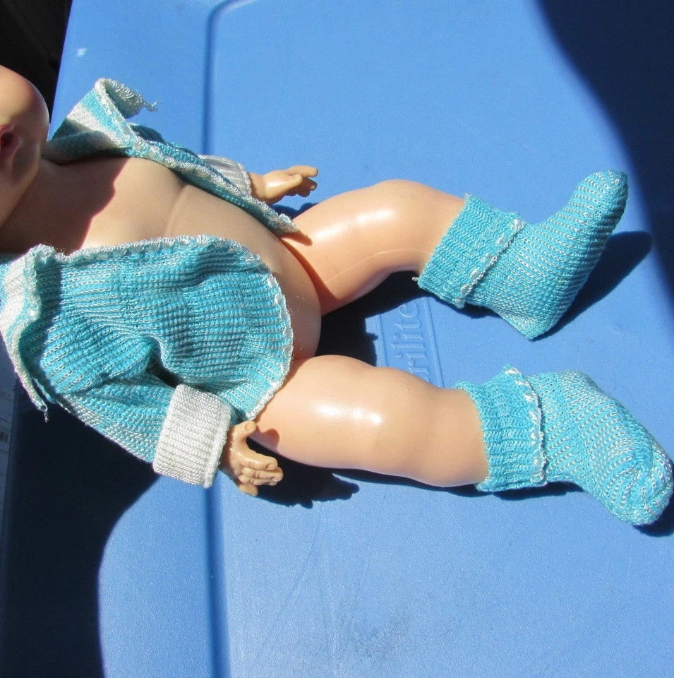 Vintage Doll Knit Rayon Outfit Jacket Booties Dy-Dee, Tiny Tears 12" Blue 1950s - Image 1 of 4