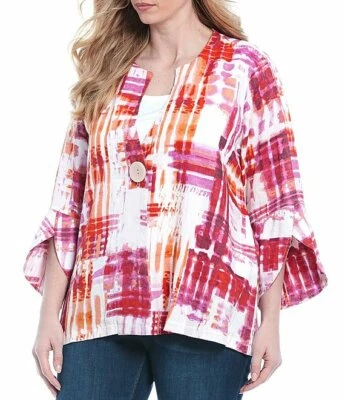 NWT Ali Miles Linen Abstract Tie-Dye Print 1 Button Asymmetrical Hem Jkt Sz 3X - Image 1 of 4
