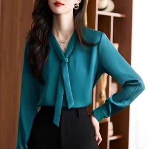 Women Bow Tie Blouse Office Business Casual Shirts V Neck Long Sleeve Tops Chiff - Picture 1 of 14