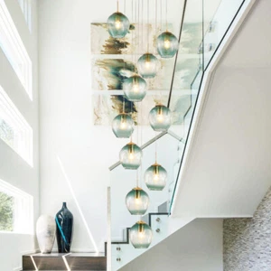 Stair Pendant Lights LED Chandeliers Gradient Blue Glass Lamp Loft Ceiling Light - Picture 1 of 22