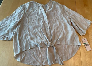NWT NANETTE LEPORE 3/4 SLEEVE FRONT TIE SHEER LIGHT STONE BLOUSE SZ L - Picture 1 of 9
