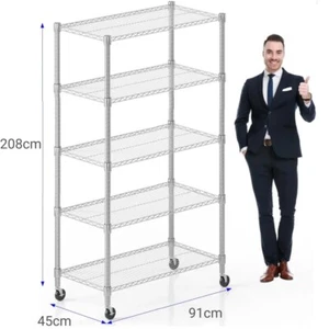 5 Tier Heavy Duty Metal Storage Rack Shelving Wire Shelf with Wheels 208x91x45cm - Picture 1 of 7