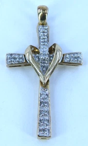 10k Yellow Gold Diamond CROSS PENDANT Heart Jesus Religious - Picture 1 of 7