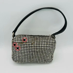 ALEXANDER WANG Mesh Crystal Rhinestone Mini Heiress Pouch Black Silver Damage - Picture 1 of 15