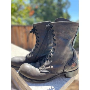 ~ Harley-Davidson 9.5 Men Motorcycle Boots Steel Toe Black Leather Zip Lace W11 - Picture 1 of 16