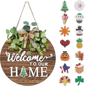 Interchangeable Seasonal Welcome Sign Front Door Decoration, Rustic round Wood W - Picture 1 of 12