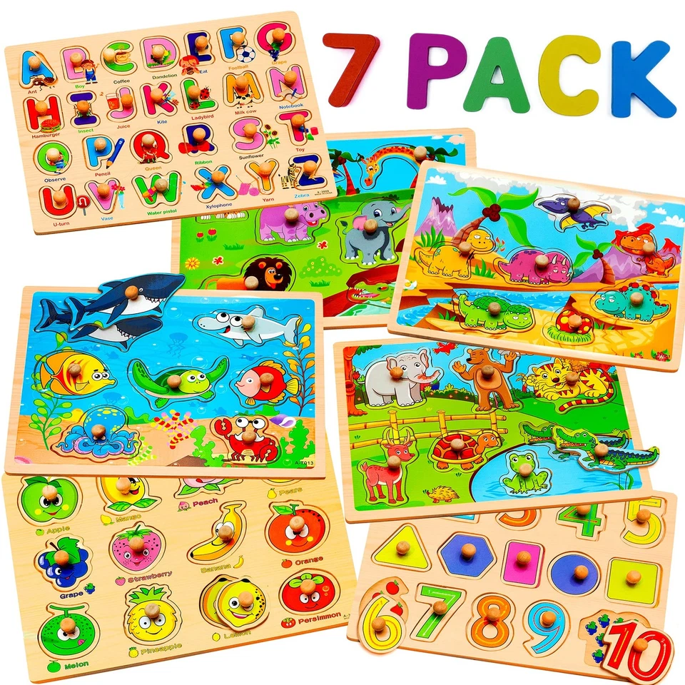 7 Pack Wooden Puzzles for Toddlers 2 3 4 5 Years Old Colorful Chunky Wood Peg KI