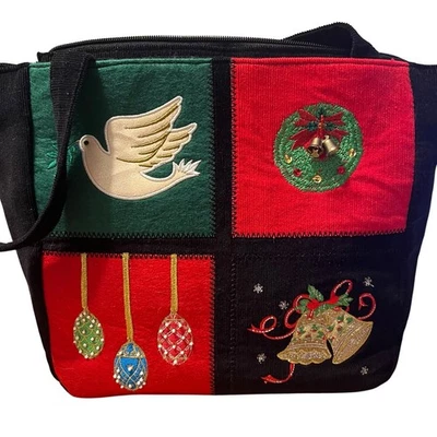 Bolso de Mano Kim Rogers Vintage Navidad Patchwork Pana Negra Paloma Jingle Bells Foto 1 de 4