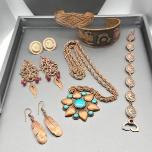 VTG Solid Copper Jewelry Lot of 7 Necklace Bracelet Earrings Turquoise Signed - Picture 1 of 11