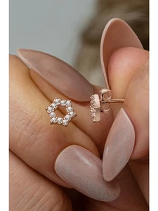 Pendientes mujer hexagonales - plata 925, dorado rosa, con circonitas - Imagen 1 de 3