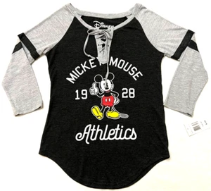 Disney Mickey Mouse T-Shirt XS Jrs Black Gray White Baseball Sleeve Lace-Up NWT - Picture 1 of 7