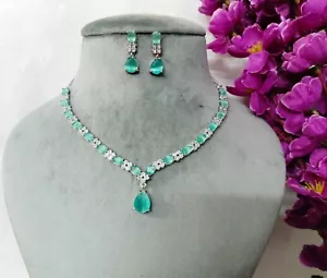 Indian Bridal CZ Mint Necklace Choker With Earrings Wedding Party Wear Jewelry - Picture 1 of 5