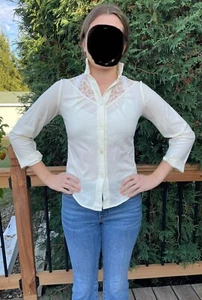 Women's Ivory Vintage Lace Accent Button-Down Long Sleeve Shirt size small  - Picture 1 of 13