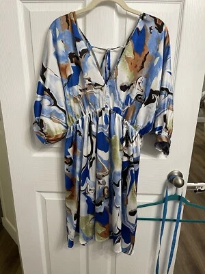 Vestido Jodifl Acuarela Azul Marrón Mangas Largas Talla M Nuevo Con Etiquetas Corbata Cuello en V Foto 1 de 4