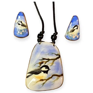 Handpainted Black Capped Chickadee Bird Set Gold Trim Earrings Necklace 28" - Picture 1 of 10