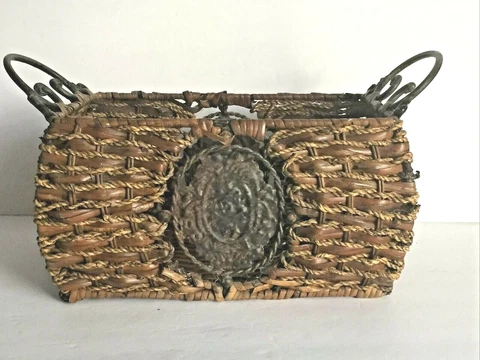 Vintage Metal and Rattan Rectangular Basket Floral Medallion Metal Handles 6x14" Cover