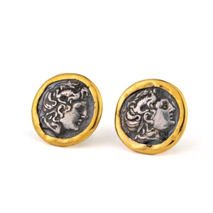 Pendientes colgantes Alejandro Magno moneda oro 14K plata de ley griego antiguo - Imagen 1 de 4
