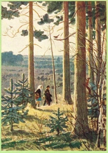 F.Glebov 1956 Russian postcard GIRL BOY BASKETS Squirrel Tree Forest Spring - Imagen 1 de 2