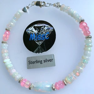 FIRE OPAL HEART AND ROSE 925 STERLING SILVER BRACELET ALL NATURAL STONES STAMPE - Picture 1 of 6