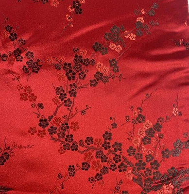 VER NOTAS - Tela brocada de flor de ciruela satinada china roja y negra 2,9 yardas x 45" de ancho Foto 1 de 4