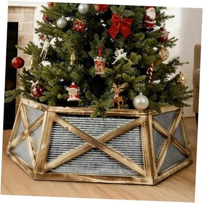 Collar de árbol de Navidad hexagonal de 30" para árbol de 7,5 pies, madera rústica de granja marrón Foto 1 de 4