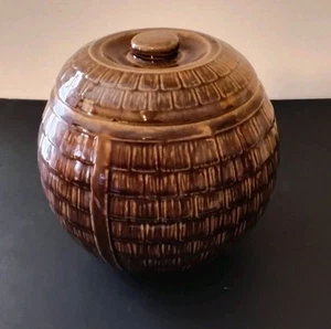 Vintage Brown Cookie Jar Shingle Thatch Round McCoy 1930's With Lid - Picture 1 of 12